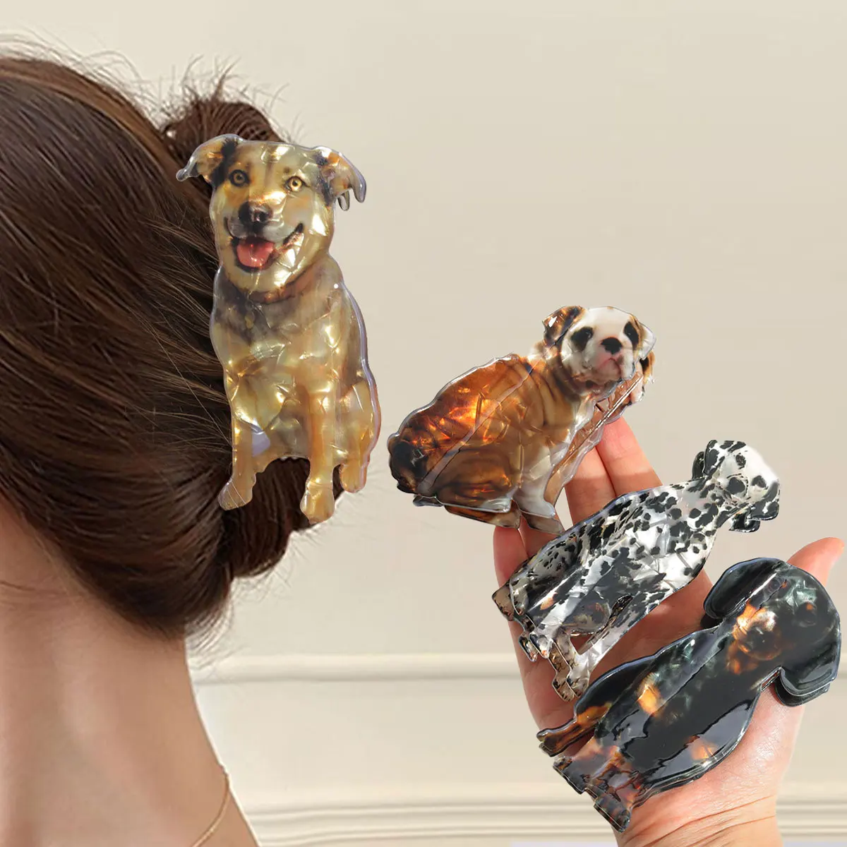 1 Stück personalisierte perlmuttfarbene Haustier-Dackel-Dalmatiner-Bulldogge-Hunde-Kollektion, bedruckte Haarklammer für Mädchen Image