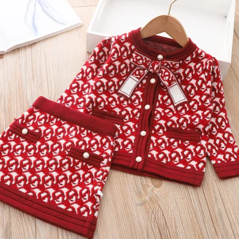 Luxus 2Pcs Stricken Mädchen Sets Prinzessin Klassische Neue Kleidung Winter Pullover Rock Geburtstag Uniform für 1-8Years Kinder Anzüge Image
