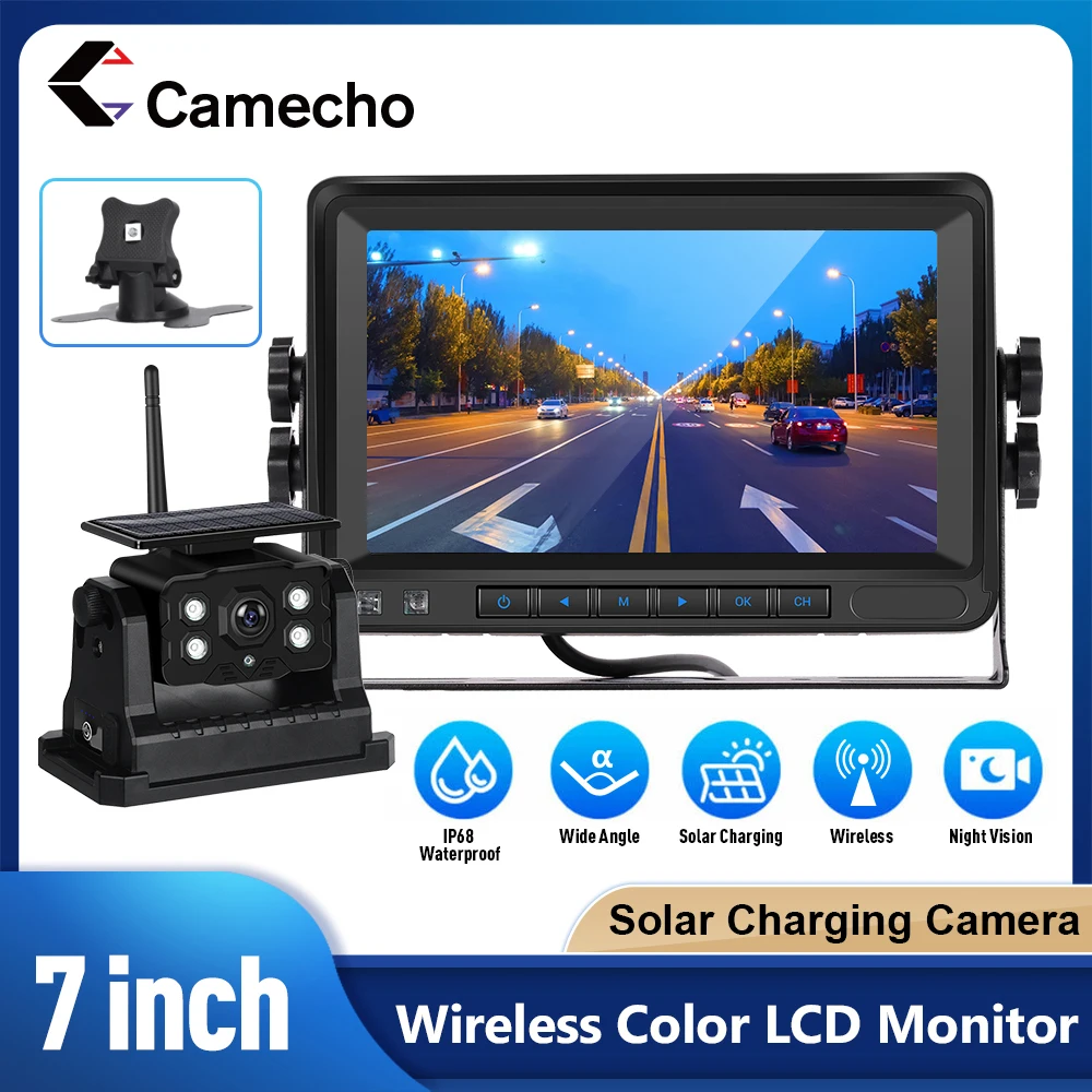Camecho 7" IPS HD Display Auto Monitor Drahtlose Solar Rückfahrkamera Universal mit Aufnahmefunktion 1080P Rückfahrkamera Image