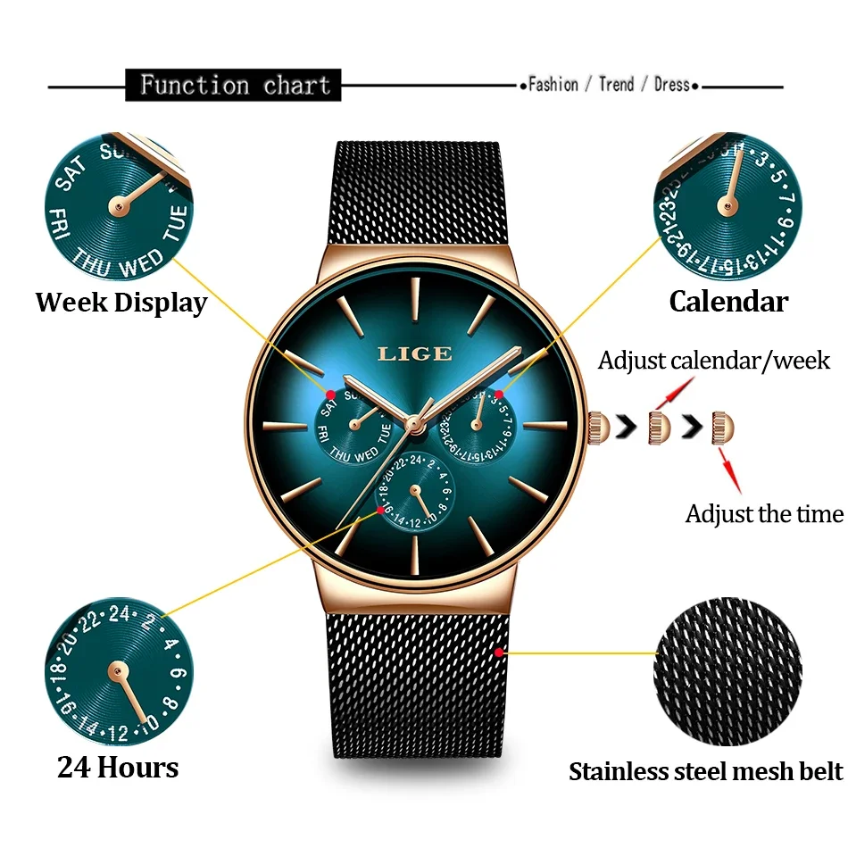 LIGE Neue frauen Uhr Mode Marke Uhren Damen Uhr Datum Woche Uhr quarz armbanduhr Uhr für Frauen Relogio feminino + BOX