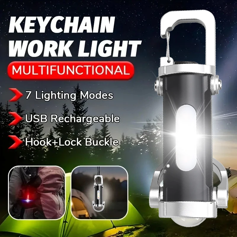 Mini-Schlüsselanhänger-Taschenlampen, LED-Seitenlicht, wiederaufladbare USB-Taschenlampe, COB-Arbeitslampe, ultrahelle tragbare Laterne für Camping, Wandern