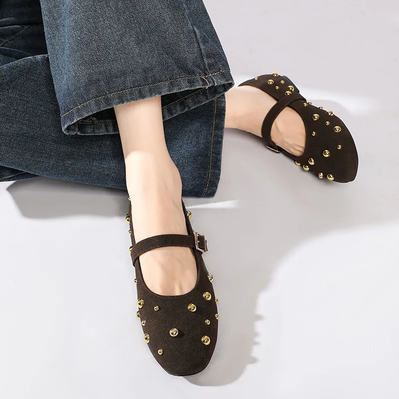 Runde Kappe Niet Mary Janes Schuhe Frauen Frühling Herbst Schnalle Ballett Wohnungen Schuhe Weibliche Elegante Täglichen Faulenzer Schuhe Neue