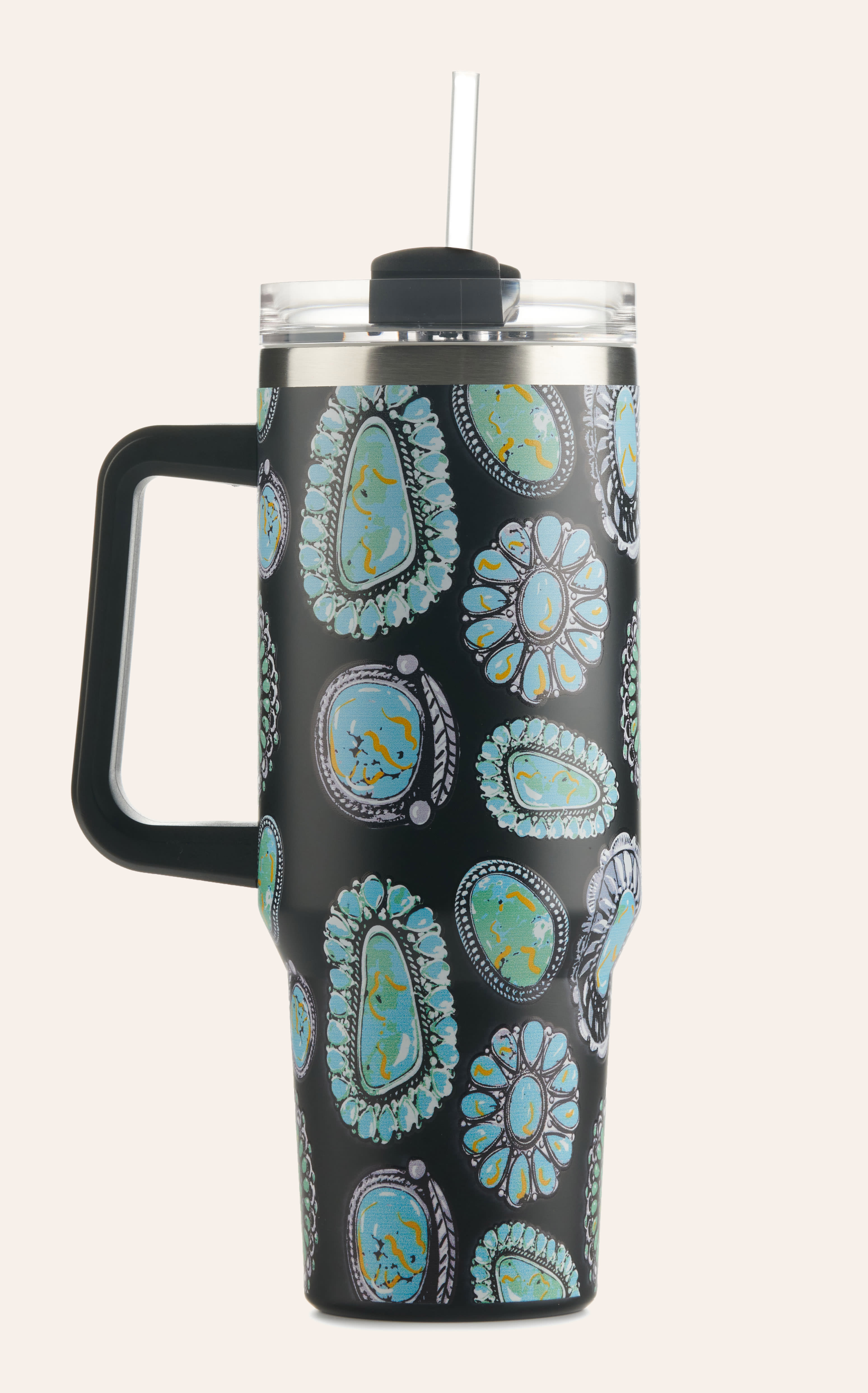 Girlie Girl Originals Black Turquoise Conchos Print 40 oz. Handled Morgan Tumbler - NOSZ - From Cavender's