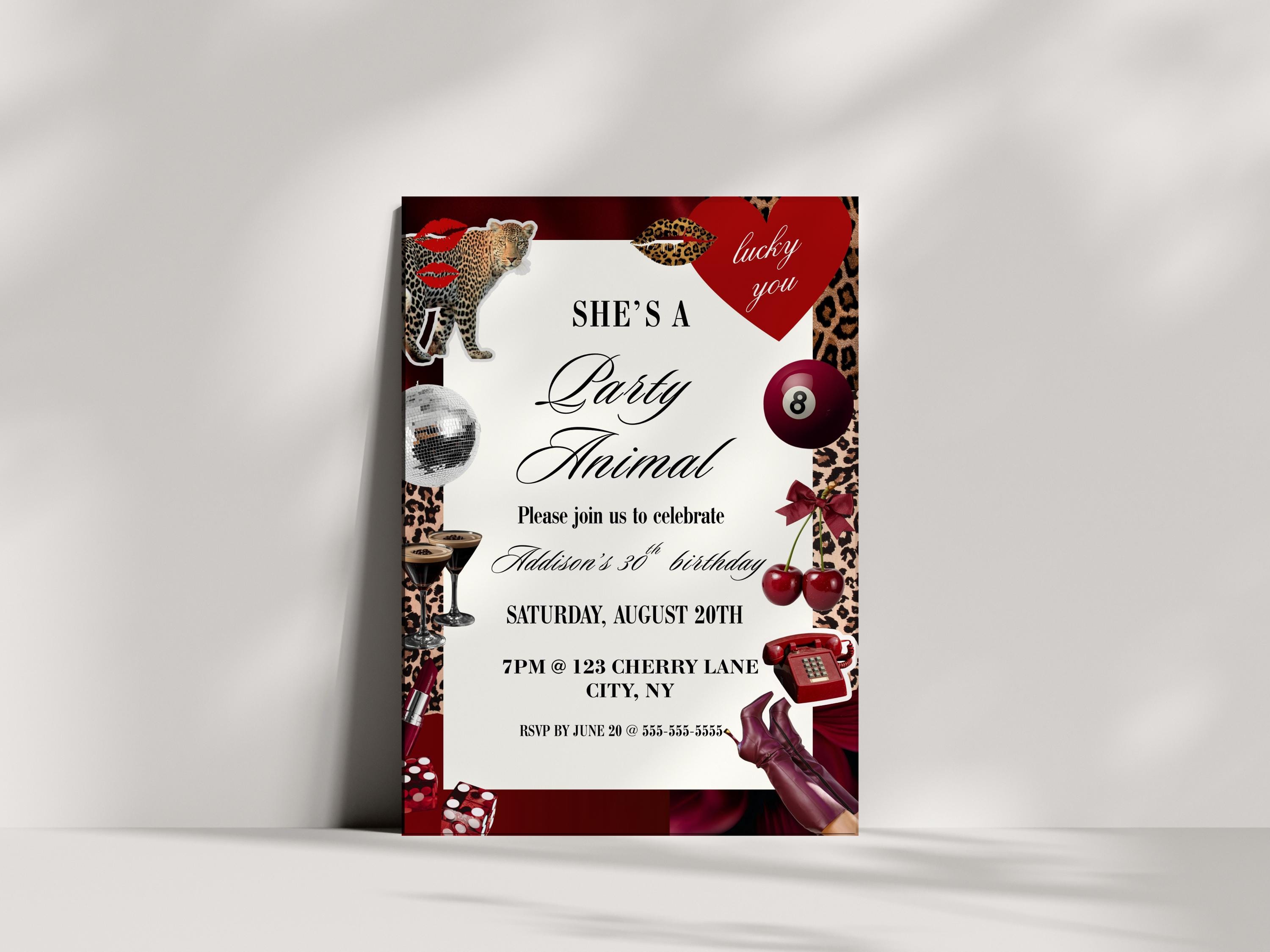 Invito con stampa leopardata e ghepardo, invito con stampa ghepardo, invito per feste con animali, rosso ciliegia, invito per compleanno glamour con s