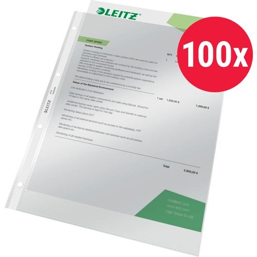 Leitz Premium Prospekthüllen DIN A4 Glasklar Transparent 80 Mikron PVC (Polyvinylchlorid) Öffnung oben 4 Löcher 100 Stück Image