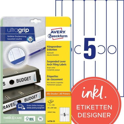 AVERY Zweckform ultragrip Hängeregister-Etiketten L4756-25 Selbsthaftend DIN A4 Weiß 3,4 x 29,7 cm 25 Blatt à 5 Etiketten Image