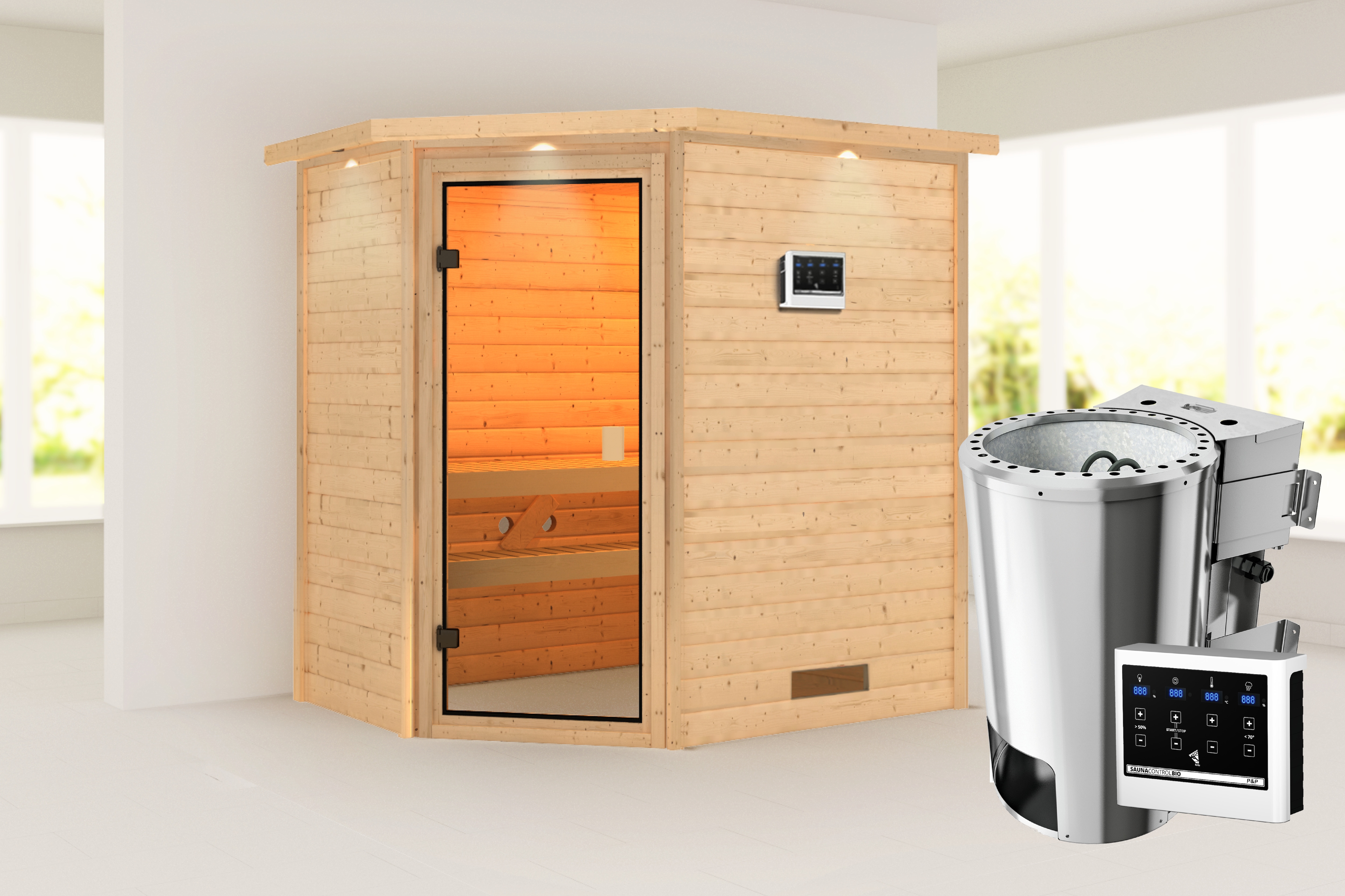 Sauna KARIBU "Juli" mit bronzierter Tür und Kranz, naturbelassen", beige (naturbelassen), Bio-Kombiofen, externe Steuerung, 230 kW, Saunen, aus hochwertiger nordischer Fichte Image