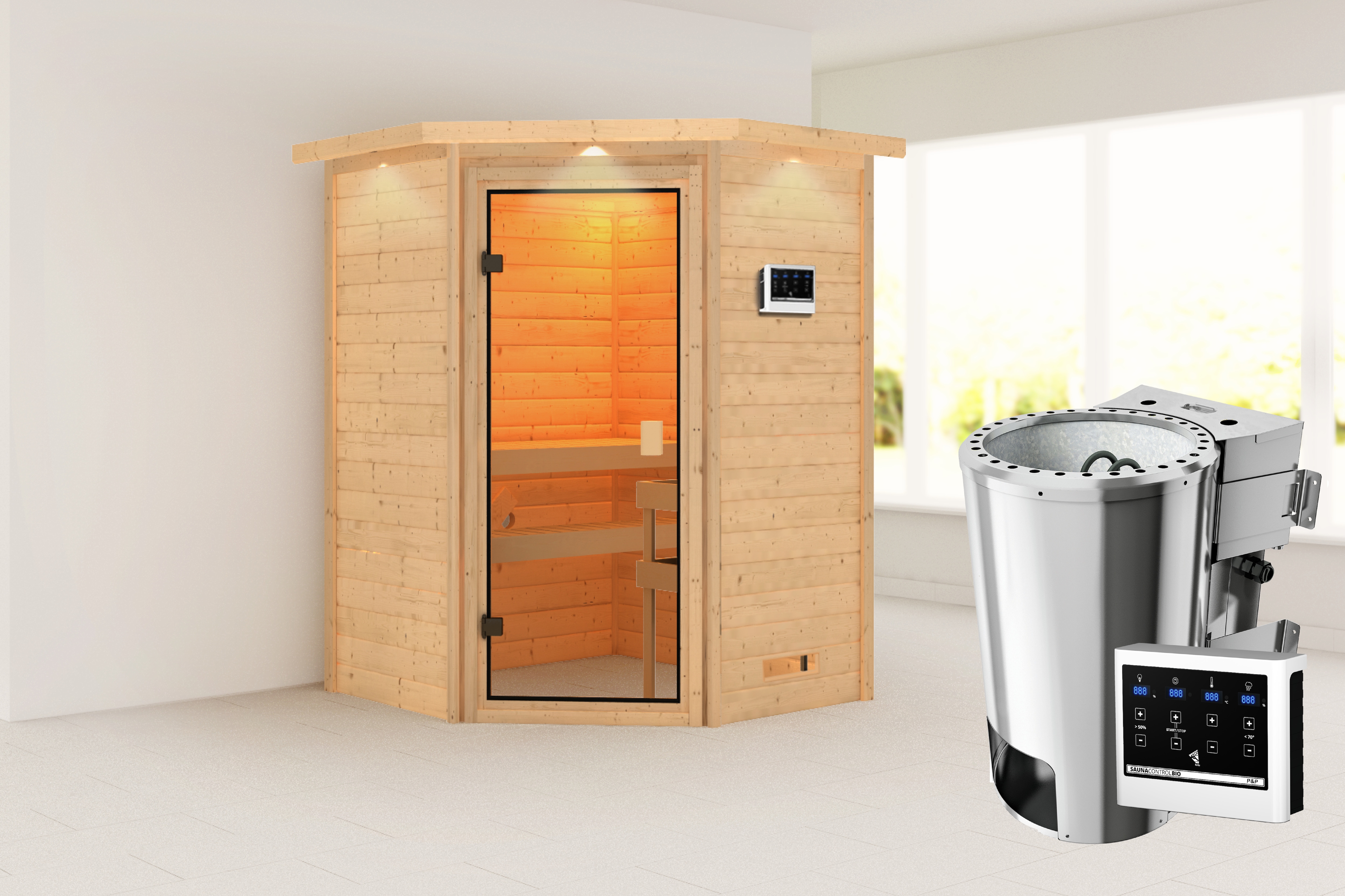 Sauna KARIBU "Anni" mit bronzierter Tür und Kranz, naturbelassen", naturbelassen, Bio-Kombiofen, externe Steuerung, 230 kW, Saunen, aus hochwertiger nordischer Fichte