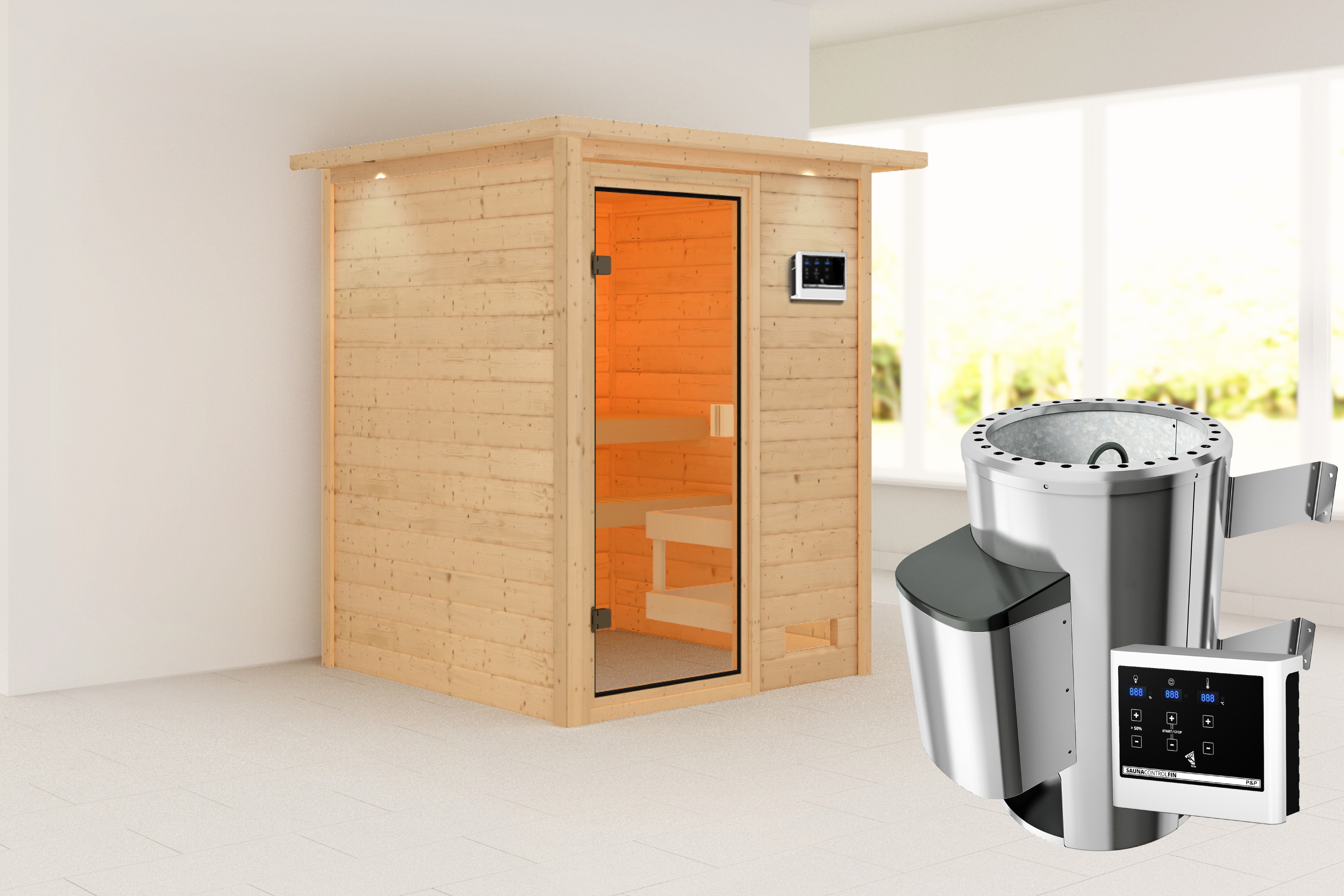 Sauna KARIBU "Sandy" mit bronzierter Tür und Kranz, naturbelassen", naturbelassen, Saunaofen, externe Steuerung, 230 kW, Saunen, aus hochwertiger nordischer Fichte