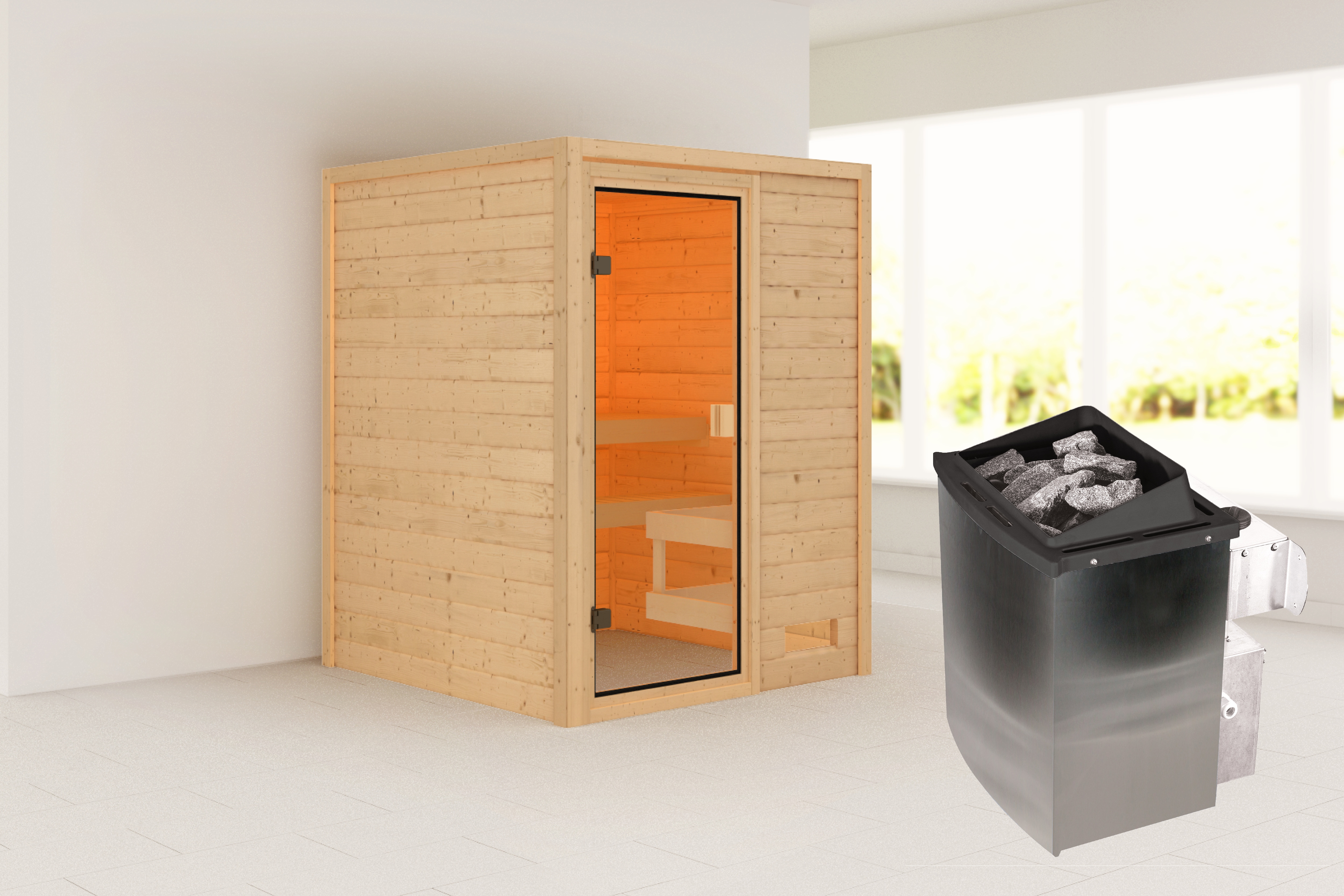Sauna KARIBU "Sandy" mit bronzierter Tür SET, naturbelassen, mit Ofen 9 kW", beige (naturbelassen), Saunaofen, integrierte Steuerung, 400 kW, Saunen, aus hochwertiger nordischer Fichte Image