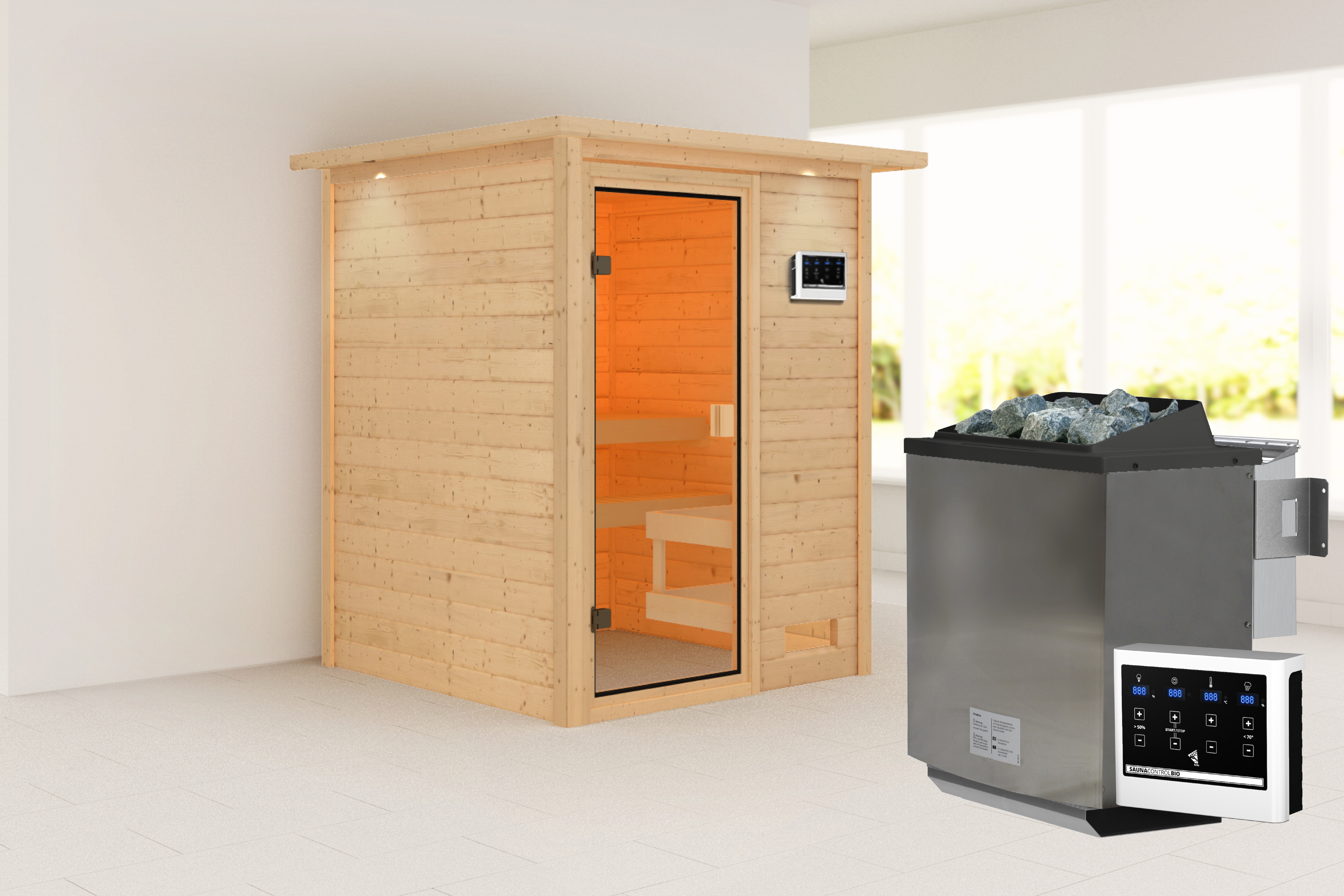Sauna KARIBU "Sandy" mit bronzierter Tür und Kranz, Ofen 9 kW, naturbelassen", beige (naturbelassen), Bio-Kombiofen, externe Steuerung, 400, Saunen, aus hochwertiger nordischer Fichte und 9 kW Ofen mit integr. Steuerung Image