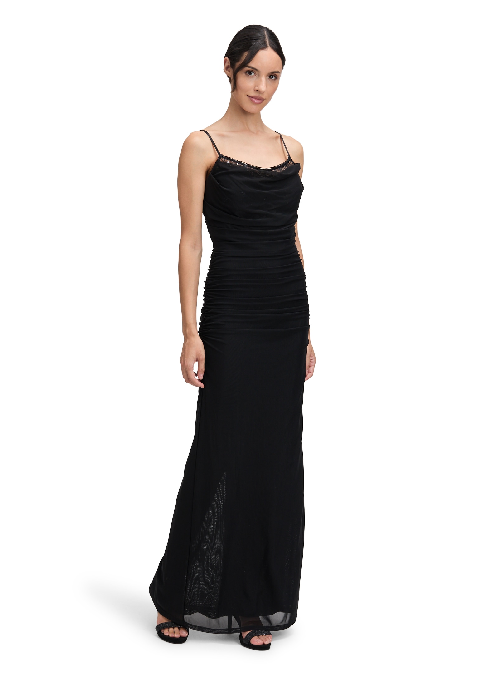 Abendkleid VERA MONT "Vera Mont Damen Abendkleid mit Spitzeneinsatz", Damen, Gr. 44, Normalgrößen, schwarz, Mesh, Obermaterial: 92% Polyamid, 8% Elasthan. Futter: 8% Elasthan., Elegant, eng lang, Wasserfallausschnitt, Kleider Image