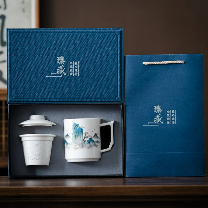Ceramic Household Filter Tea Separation Mug with Lid Chinese Style Tea Infuser Office Large Capacity Water Mug Teacup Gift Box