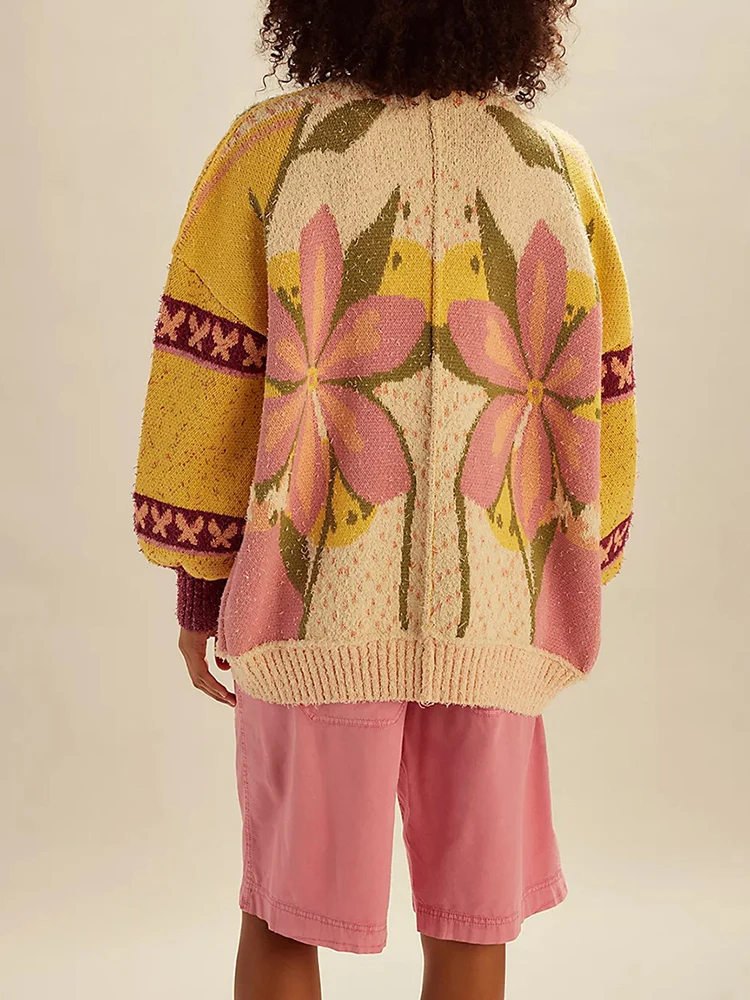 Capispalla con scollo a V monopetto temperamento Cardigan a maniche lunghe stampato floreale vintage Cappotto da giacca da pendolare allentato da donna elegante