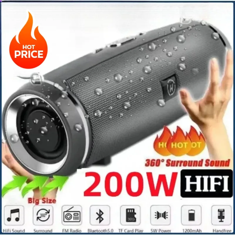 New 200W Portable Bluetooth Speaker IPX7 Waterproof Outdoor HIFI Pillar Speaker Subwoofer Stereo Speaker FM Radio TF Boom Box