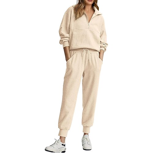 Damen Pullover-Trainingsanzug-Sets 2-teiliger Trainingsanzug Lounge-Outfits mit Tasche Einfarbig Kombination Herbst Schwarz Rosa Fitnessstudio Laufen Fitness Atmungsaktiv Langarm Sport Sportkleidung Image