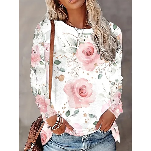 Damen T Shirt Druck Blumen Grafik Pflanzen Vintage Stilvoll Klassisch Langarm Rundhalsausschnitt Rundhals Normale Oberteile Täglich Rosa Frühling Herbst Winter Image