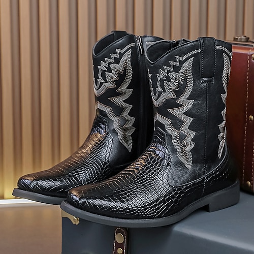 Herrenstiefel im Western-Cowboystil mit Krokodilmuster, gestickten Details, quadratischer Zehenpartie und strapazierfähiger Laufsohle, stilvolles Rodeo-Schuhwerk zum Reiten, Line Dance, für Hochzeiten auf dem Land und Veranstaltungen im Freien Image