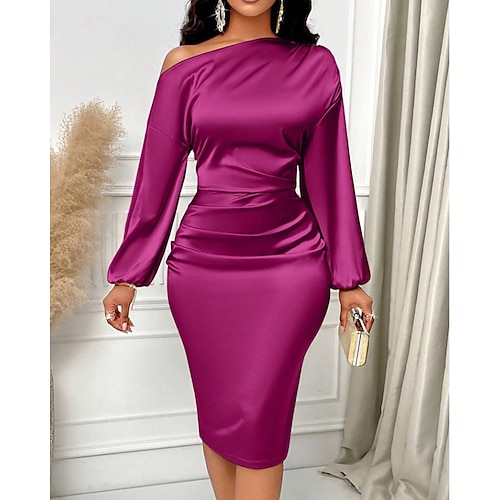 Damen Minikleid Satinkleid schwarzes kleid Partykleid Cocktailkleid Mode Modern Abendgesellschaft Party Cocktailparty Normale Passform Einfach Langarm Kalter Schulter-Ausschnitt Schwarz Rosa Image