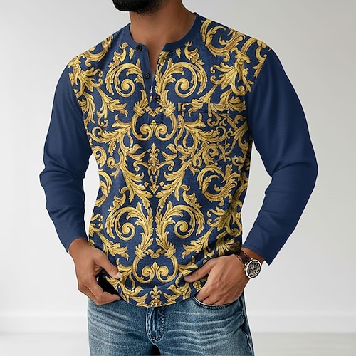 Herren Grafik Paisley-Muster Henley Hemd T-Shirt Langarm Retro Vintage Lässig Lässig Frühling Herbst Ganzjahres Schwarz Weiß Blau Orange Henley Henley T-Shirt Image