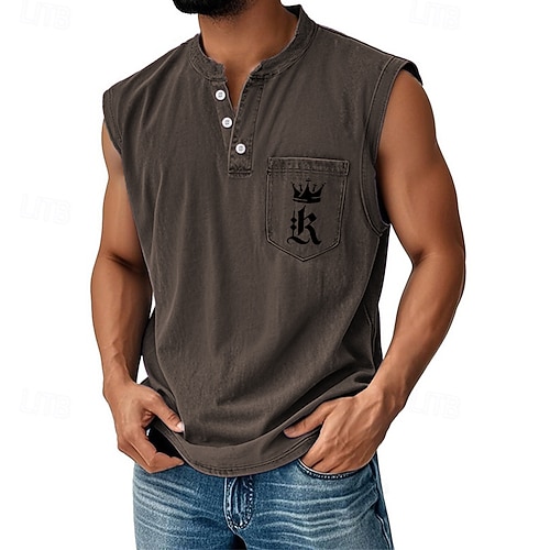 Herren Weste Unterhemd Ärmelloses Shirt Ärmellos Henley Ganzjahres Buchstabe Mode Designer Tasche Urlaub Straße Ausgehen Schwarz Rosa Dunkelmarine Top T-Shirt für Herren Image