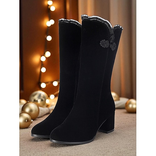 Rote Damenstiefel mit halbhohem Schaft, seitlichem Reißverschluss, Blockabsatz und Blumenbesatz – elegante Winterstiefel für Weihnachten, Feiertagspartys und formelle Anlässe Image