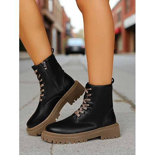 Weiße Damen-Schnürstiefeletten aus Kunstleder mit seitlichem Reißverschluss und dicker Sohle – stylische Kampfstiefel für K-Pop, Streetwear und Freizeitoutfits Image