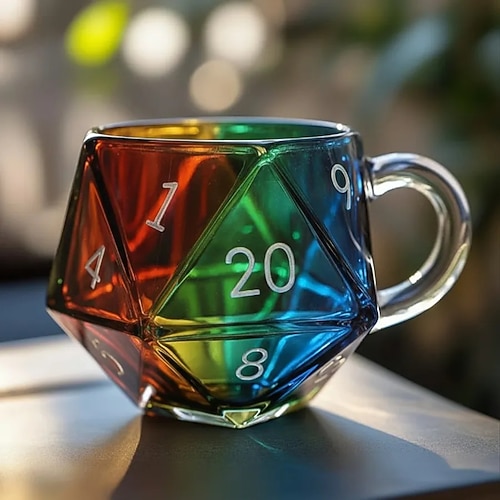 Regenbogen d20 Würfelbecher, polyedrische Würfel Kaffeetasse mit Henkel, transparente Glasspieltasse für RPG-Liebhaber, Spieleabend-Tassen Geschenk für Fantasy-Liebhaber Image