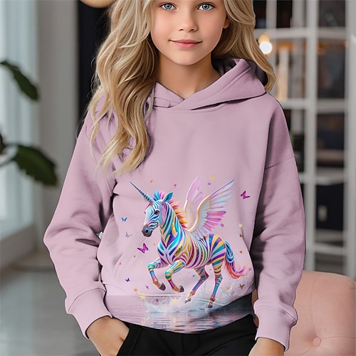 Mädchen 3D Einhorn Kapuzensweatshirt Langarm Herbst Winter Mode Niedlich Basic Kinder 4-12 Jahre Mit Kapuze Outdoor Lässig Täglich Normale Passform Image