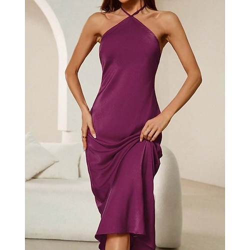 Damen Langes Kleid Maxikleid Satinkleid Partykleid Cocktailkleid Unterkleid Elegant Mode Abendgesellschaft Party Besonderer Anlass Normale Passform Einfach Ärmellos Neckholder Blau Wein Rote Image