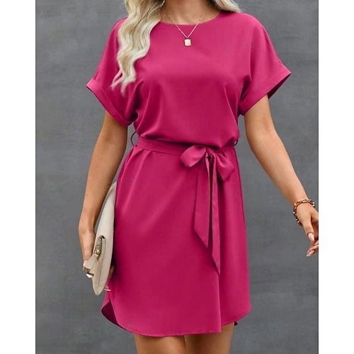Damen Minikleid Satinkleid Mode Modern Outdoor Urlaub Ferien Normale Passform Einfach Kurzarm Rundhalsausschnitt Blau Wein Dunkelgrün Grün Sommer Frühling Herbst Image