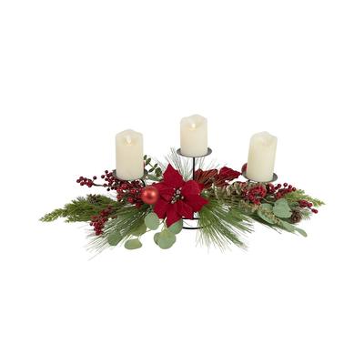 Northern Lights Northlight 32In Triple Candle Holder With Red Berry And Poinsettia Christmas Decor