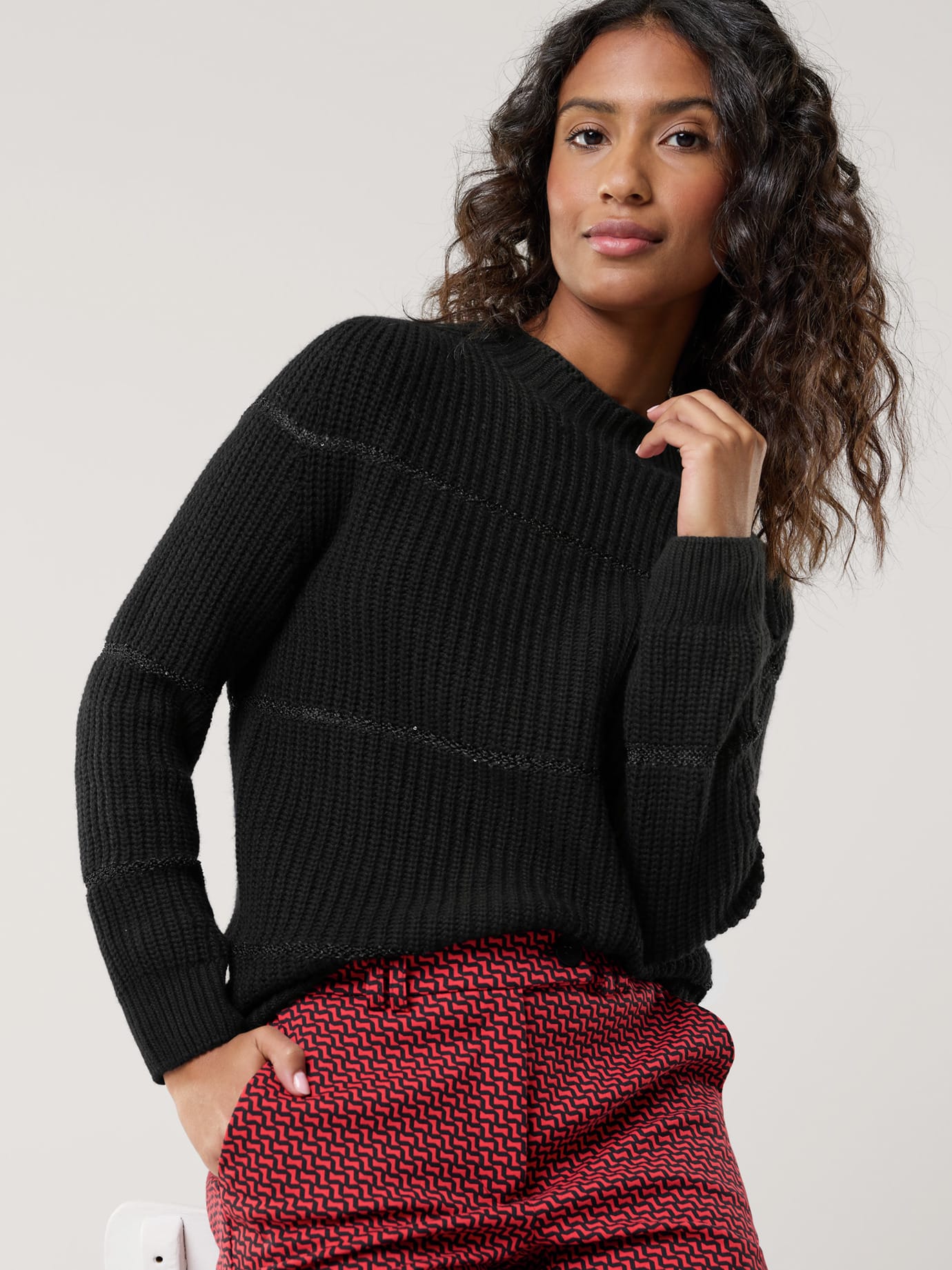 Walbusch Damen Pullover Paillettenstreifen Schwarz