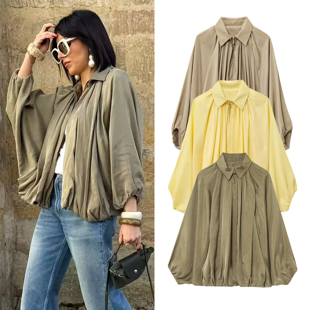 Frauen Frühling Revers Fledermaus Ärmel Plissee Dekoration Dünne Jacke Top Frau Elegante Zipper Armee Grün Casual Lose Mantel