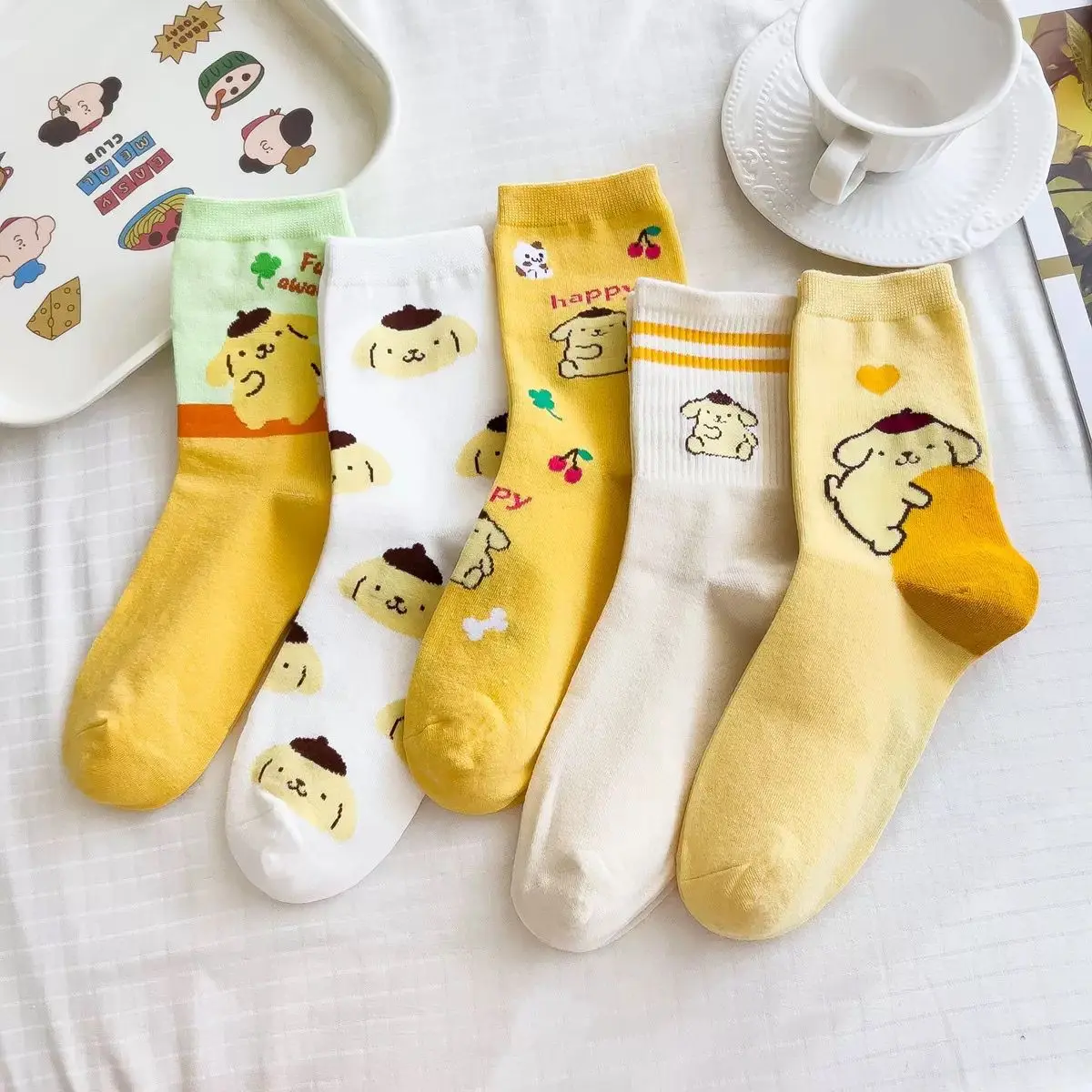 Sanrio Mymelody Cinnamoroll Pom Pom Purin Mittellange Socken Ins Atmungsaktive Minimal Design Freizeit Sportsocken Mädchen Geschenke Schön Image