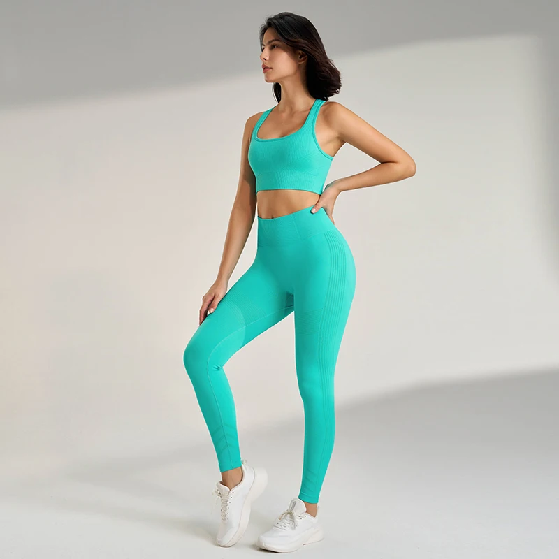 Outdoor-Yoga-Übungsset, Fitnesshose mit hoher Taille und Hüftheben, stoßdämpfender, schnell trocknender, atmungsaktiver BH für Damen Image