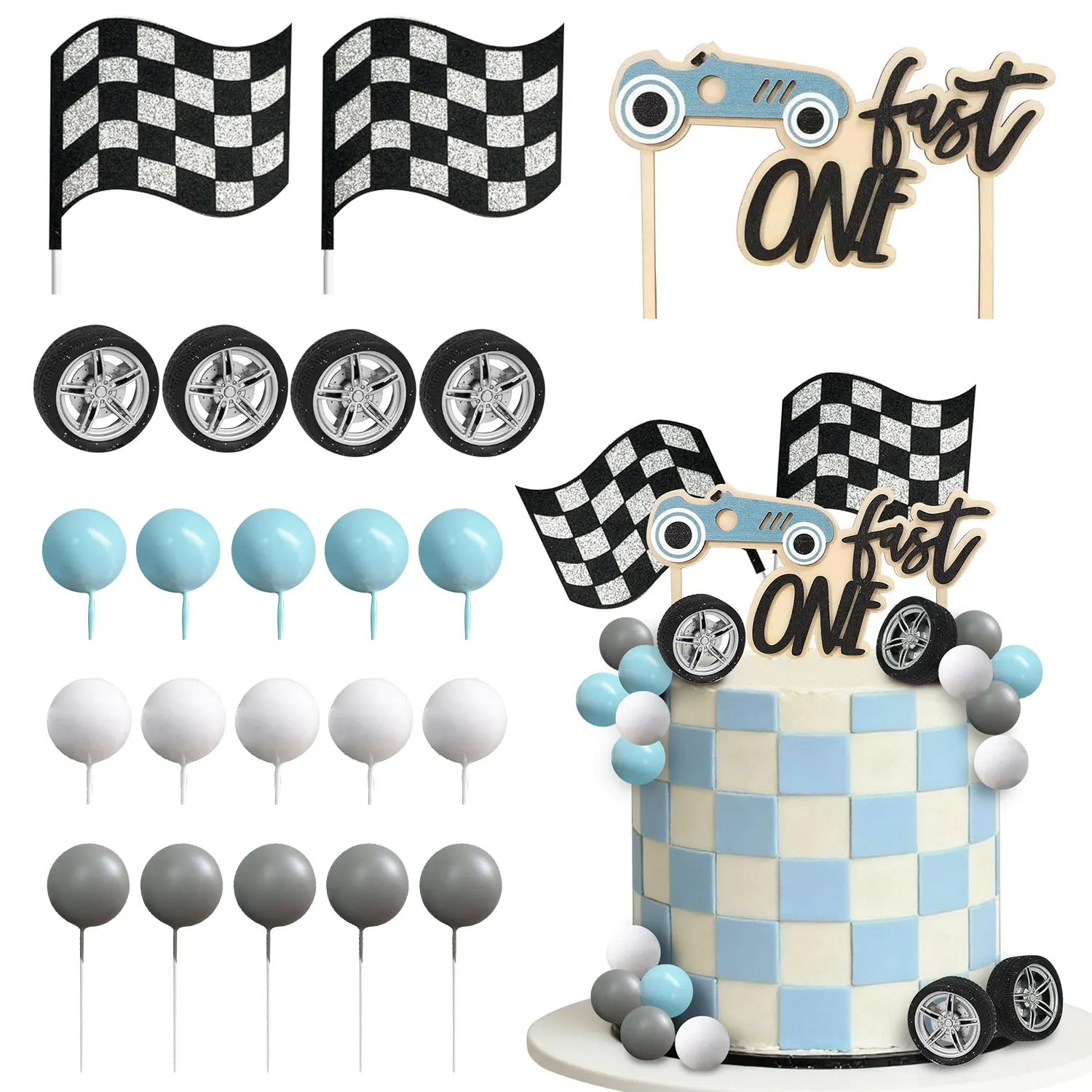 22 Stück Fast One Geburtstagstorte-Topper – Holz-Rennwagen-Kuchenaufsatz, Flaggenrad-Kuchenaufsatz, Babyparty-Geburtstagsparty-Dekorationen Image