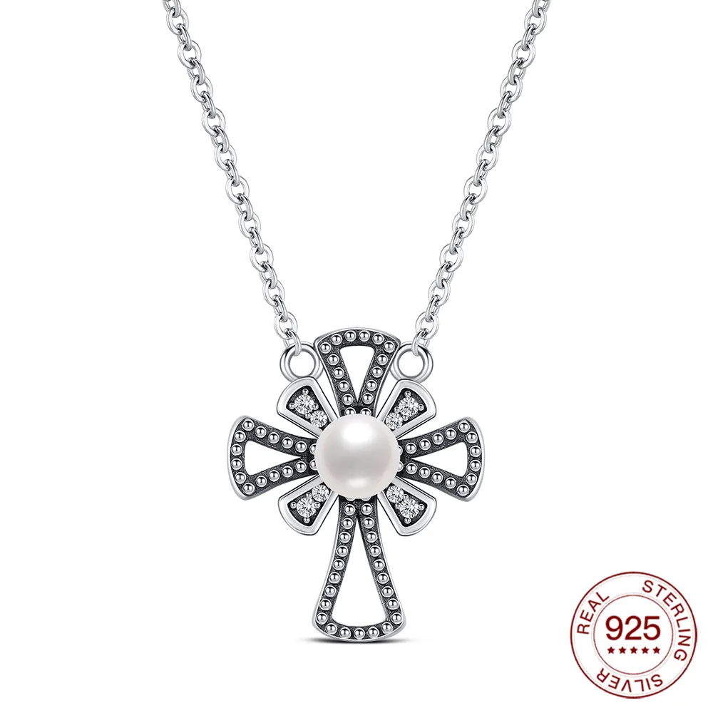 Original 925 Sterling Silber Perle Kreuz Halskette Fit Armband Diy Für Frauen Mode Schmuck Heißer Feine Anhänger Liebe Geschenk Image