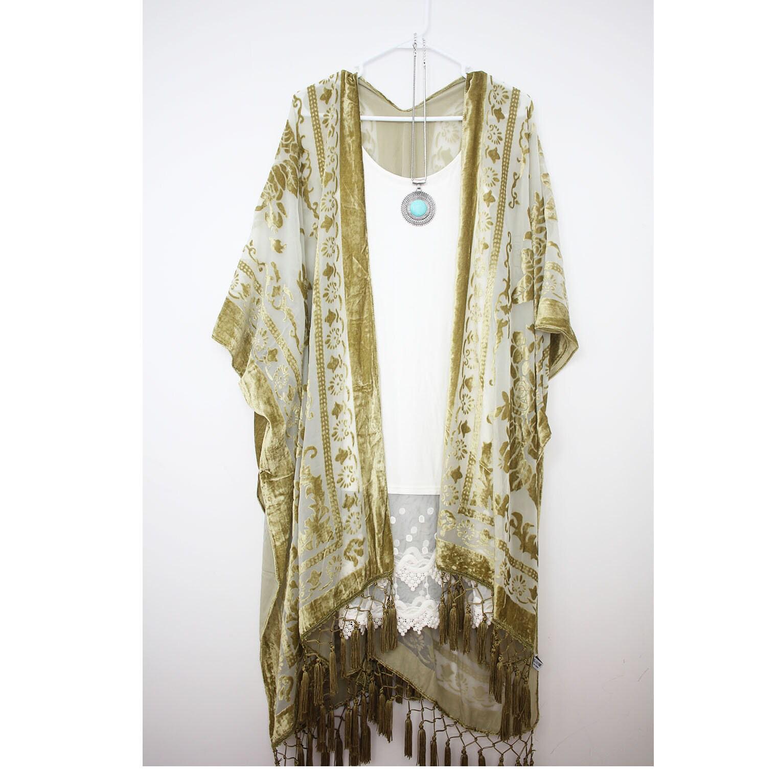 kimono in velluto giallo oliva con nappa, kimono da donna, spolverino kimono estivo primaverile, cardigan kimono, giacca kimono, completo kimono