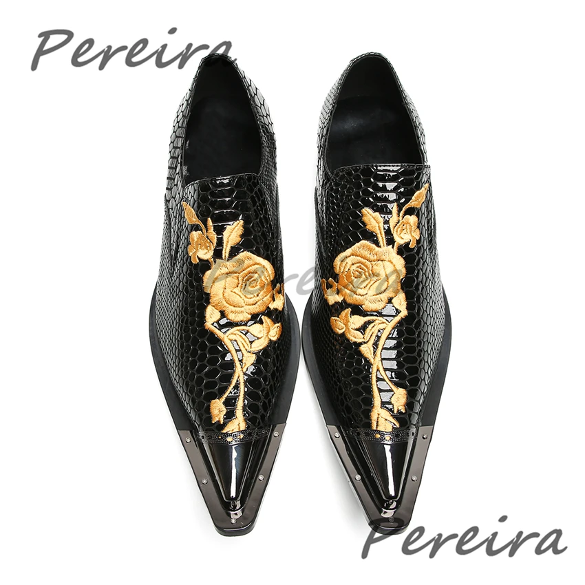 Gold Rose Stickerei Herren Kleid Schuhe Trendy Lackleder Serpentine Low Heel Casual Business Schuhe Bankett Party Kleid Schuhe