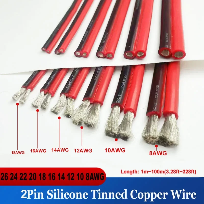 Superweiches 2-adriges Schwarz-Rotes Silikonkabel 8AWG 10AWG 12AWG 14 16 18 20 22 24 26AWG 28AWG Hochtemperaturbeständiger Kupferdraht Image