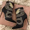 Fleck Schwarz Drachen Muster Stiefeletten Spitz Stiletto High Heel Runway Stil Frauen Schuhe 2025, Frühling Zapatos Para Mujere