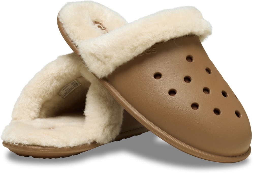 Pantoffel CROCS "Classic Fuzz Scuff", Herren, Gr. 38, braun, Croslite™, Schuhe, Hausschuh, Clog mit Warmfutter