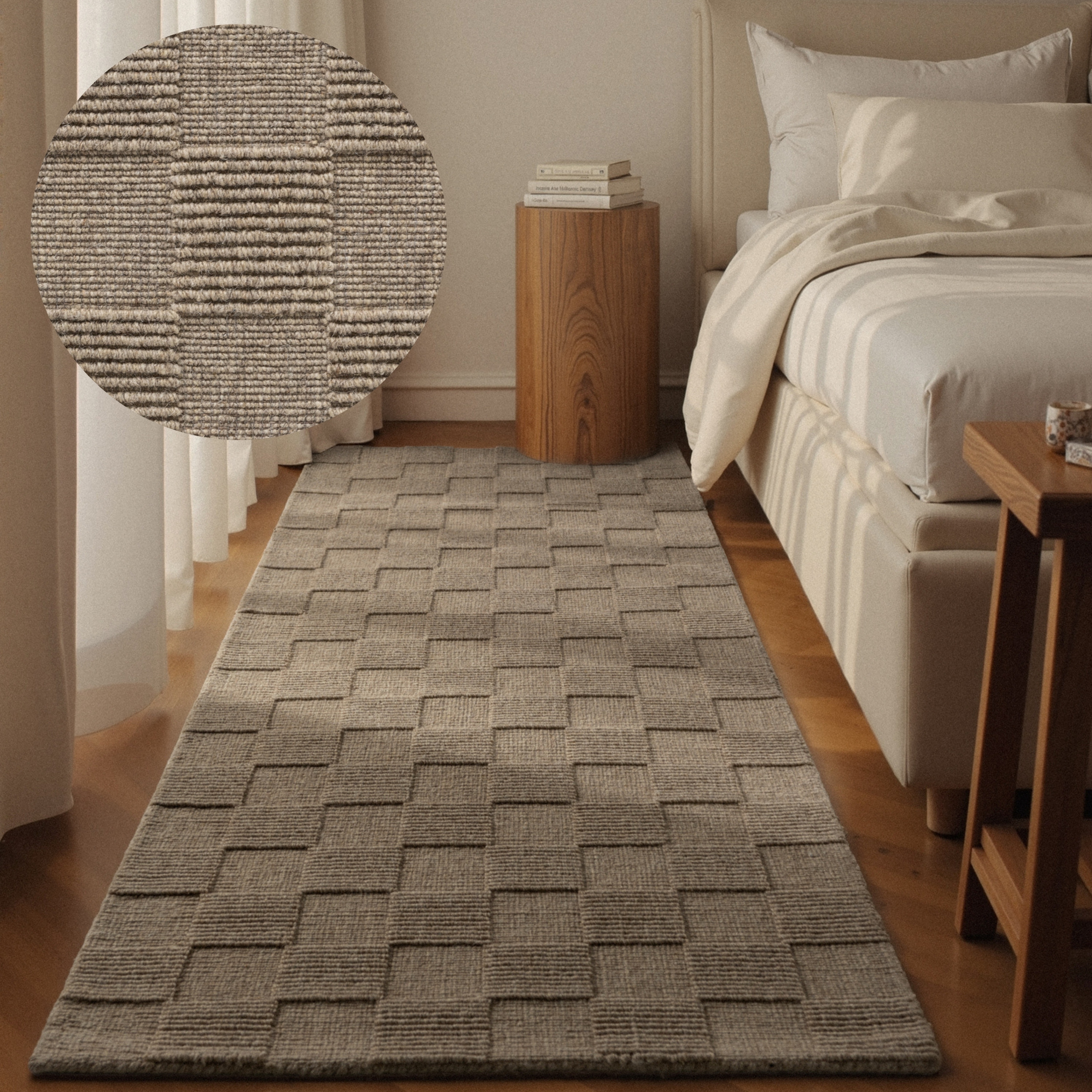 Wollteppich VILLEROY & BOCH "Scala", grau beige, B:80cm H:10mm L:200cm, Wolle, Teppiche, Handgewebt, Wolle, Kariert, Natur, 3D-Struktur, Karo, Wohnzimmer Image
