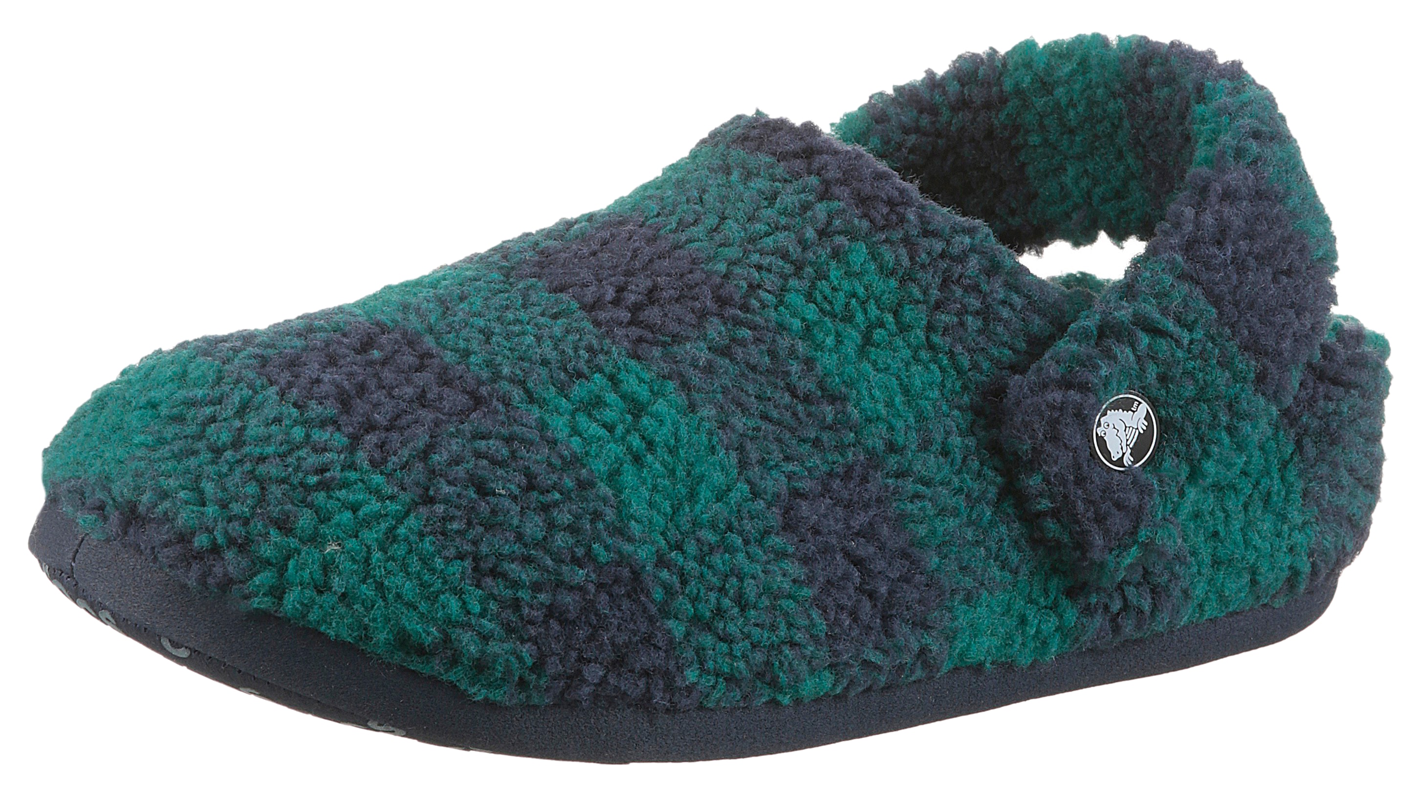 Hausschuh CROCS "Classic Buff Check Cozzy Slipper", Herren, Gr. 43, navy, grün, Croslite™, Fleece, kariert, Basic, Schuhe, Pantoffel, Mule mit kariertem Muster