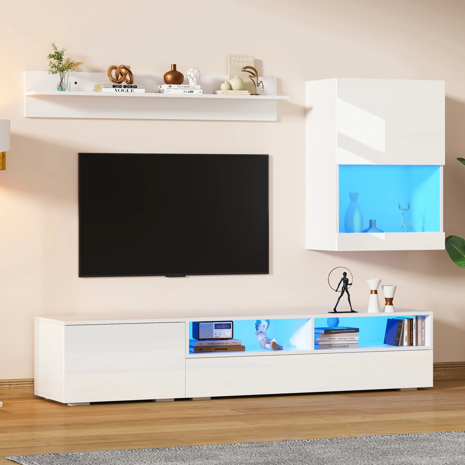 Ensemble de meubles TV muraux 175x39x34cm avec vitrine (ensemble complet, 3-St), support sur pied et étagère murale, ensemble de meubles TV avec LED, armoire TV