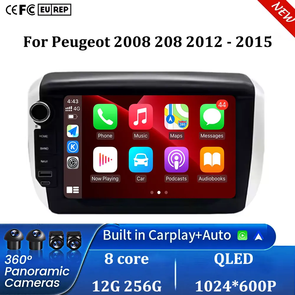 Carplay Android Auto lecteur vidéo multimédia écran Autoradio autoradio autoradio stéréo Android15 pour Peugeot 2008 208 2012 - 2015