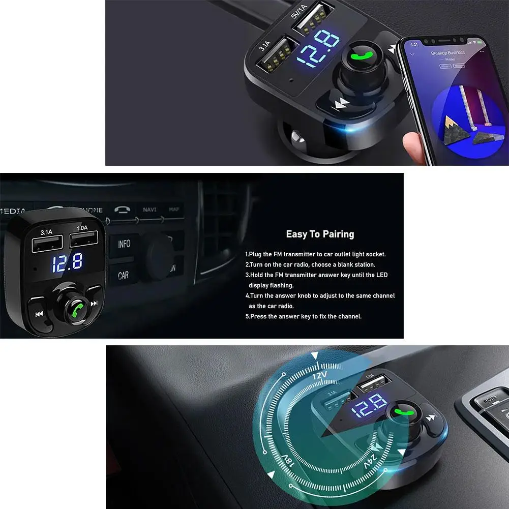 Wireless Bluetooth FM Transmitter & MP3 Player With Hands-Free Calling Radio Receiver Dual USB Charger & Music Stereo Adapter