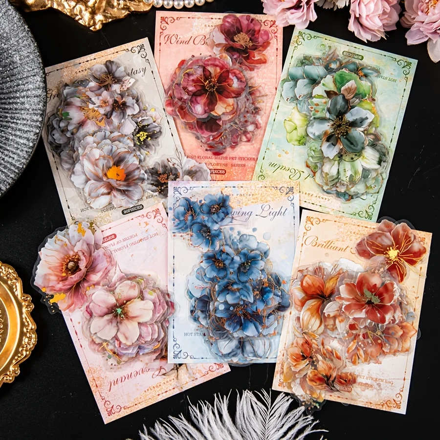 A pack of 20 flower poem series flower pattern stickers, made of PET material, used for magazine decoration and DIY crafts