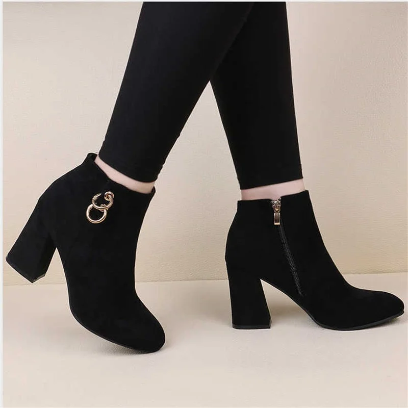 Retro Herbst Winter frauen Boot Vintage Block Ferse Stiefeletten Zipper High Heels Frauen Schuhe Große Größen Wildleder Botines mujer
